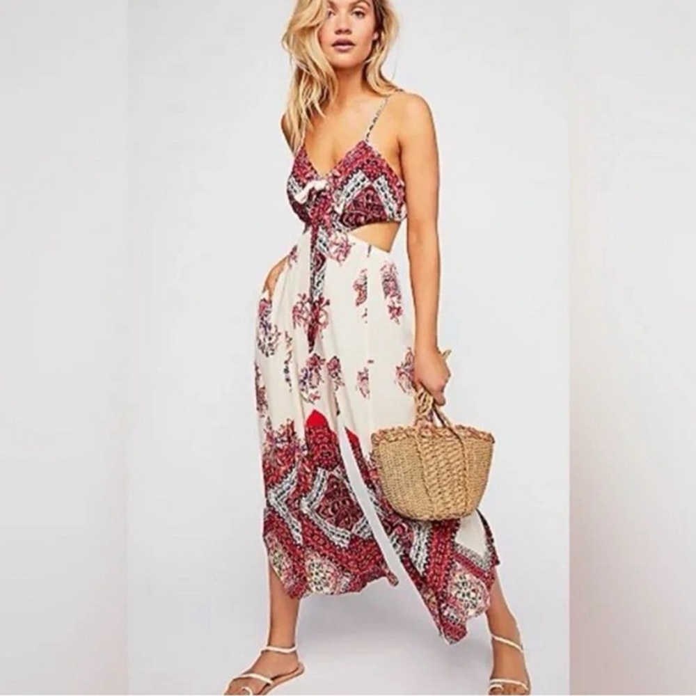 Boho Tie-Front Cutout Maxi Jumpsuit - Cream & Red